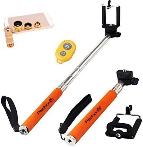 Pechon Universal Clip-on 180 Degree Fish Eye Lens+wide Angle Lens+macro Lens 3-in-1 Kit+self Portrait Self Shot Monopod Selfie Stick with Phone Holder+bluetooth Remote Camera Wireless Shutter for Apple Iphone 6/6 Plus/5/5s/5c/4/4s, Ipad Air/ipad 234/ipad Mini, Tablet Pc, Laptops, Samsung Galaxy S5/s4/s3/s2/ Note3/note2, HTC ONE M8, Blackberry Bold Touch, Sony Xperia, Motorola Droid and Other Smart Phones (Orange)