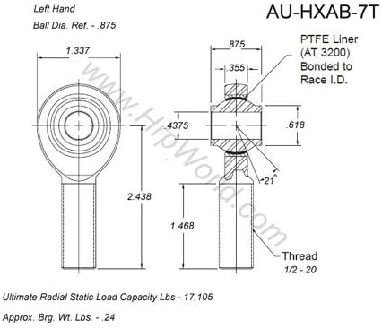 Aurora BearingCompany HXAB-7T; .437" Bore - 1/2"-20 Thread - LH