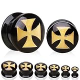 Black UV Coated Acrylic Double Flare Screw Fit Plugs with Gold-Colored Celtic Cross Logo - 0G (8mm) - Sold as a Pair