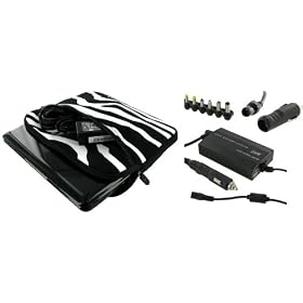 PCMS 4n1 Combo - Samsung NC10-14GW 10.2-Inch Netbook Neoprene Sleeve Case with AC and DC Adapter Charger Home / Car / Airplane - Zebra Black / White