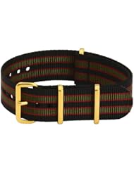 20mm Premium Classic Gold Buckles Nylon Striped Black / Green / Red - Easily Interchangeable Replacement Military Watch Strap / Band - Fits All Watches!!!