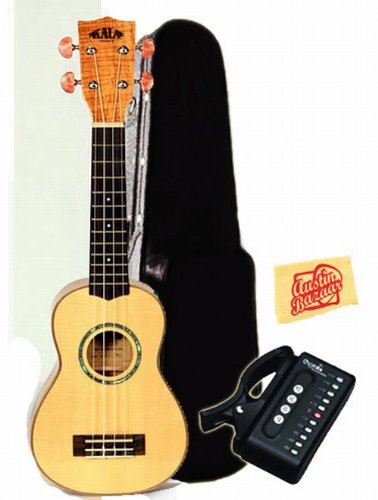 Kala KA-FMS Flamed Spalted Maple Soprano Ukulele Bundle with Hard Case, Cherub Tuner, and Polishing Cloth