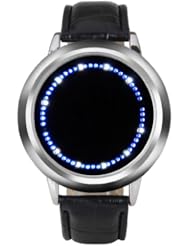 Unisex Man Woman Fashion Blue Light Touch LED Time Rotation Round Dial Watch Black Leather Band