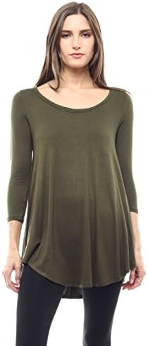 ALYGNE Womens "Lori" Basic 3/4 Sleeve Curved Hem Vneck Tunic Top OLIVE-M