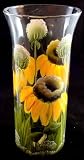 Artist Signed HandPainted Mountain Sunflowers Decorative Cylinder Shaped Glass Vase 9" Tall. Hand Painted By Tennessee Mountain Artist Pat Rader. Floral Design Clear Glass Vase Home Decor