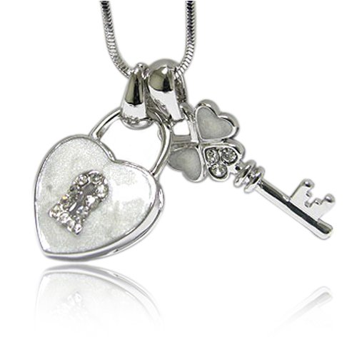 Crystal and White Gold Plated Epoxy Key and Heart Dual Pendant Necklace Fashion Jewelry