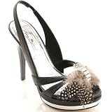 Feathered Bow Front Platform Slingback Sandal Black