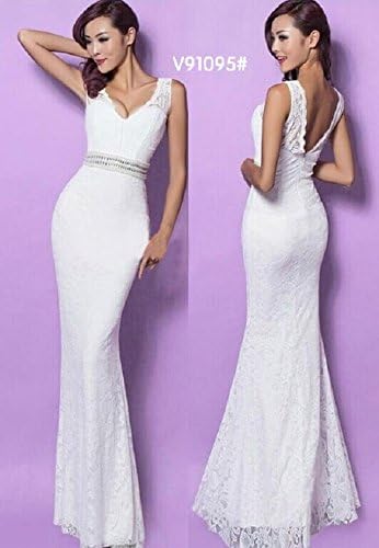 EGO Deep V-neck Sleeveless Lace Dress For Women Party White (white)