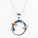 Southwestern Turquoise, Lapis and Spiny Oyster Gemstone Inlaid Round Lizard Pendant in Sterling Silver by Native American Indian Artist on 20" Sterling Snake Chain, #7560