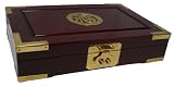 Chinese rosewood jewelry box chest with asian brass accents and good fortune symbol, 12 x 8 x 2.5