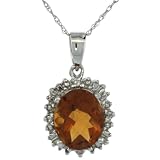Revoni 9ct White Gold 18 in. Thin Chain & 9/16 in. (15mm) tall Oval Cluster Stone Pendant w/ Baguette & Brilliant Cut Diamonds, & 10x8mm Oval Cut Citrine Stone