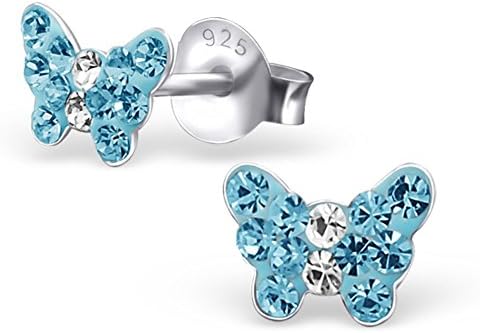 925 Sterling Silver Hypoallergenic Ring Stud Earrings for Girls (Nickel Free) --With Gift Box -- (Aqua Crystal Butterfly)