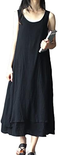 Serenely Women's Slub Cotton Double Layers Sleeveless Long Casual Dress Summer Dress