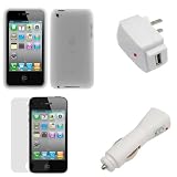GTMax White USB Car Charger + White USB Home Travel Charger + Clear Silicone Skin Soft Cover Case + LCD Screen Protector for Apple iPod Touch 4th Generation