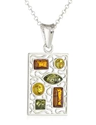Sterling Silver Multi-Color Amber Rectangular Pendant Necklace, 18"