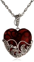 Sterling Silver Marcasite & Garnet Glass Heart Pendant, 18"