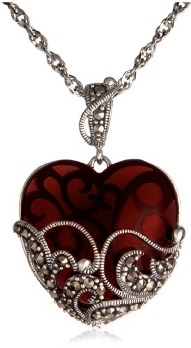 Sterling Silver Marcasite & Garnet Glass Heart Pendant, 18"