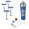 Nautical Theme Set of Cocktail Shaker, 4 Frosted Martini Glasses & 4 Cocktail Picks