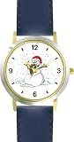 Snowman or Snow man with Scarf Christmas Theme - WATCHBUDDY&reg; DELUXE TWO-TONE THEME WATCH - Arabic Numbers - Blue Leather Strap-Size-Large ( Men's Size or Jumbo Women's Size )