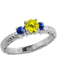0.81 Ct Round Canary Diamond Blue Sapphire 14K White Gold 3-Stone Ring