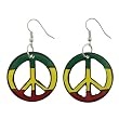 Wooden Rasta Colored Peace Sign Earrings - Sold as a Pair