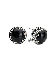 925 Silver & Round Onyx Cabochon Earrings with 18k Gold Accents