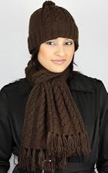 Knitted Alpaca Natural Fiber Scarf and Hat Set - Elegant Cable Design in Chocolate (100% Knitted By Hand)