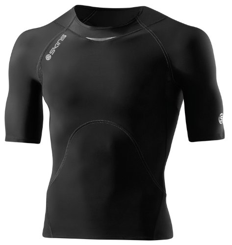 SKINS Mens A400 Short Sleeve Top , Black/Charcoal, Medium