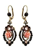 Michal Negrin Elegant Dangle Earrings Decorated with Hand Painted Flowers, Vintage Roses, Accented with Black and Beige Swarovski Crystals; Hypoallergenic