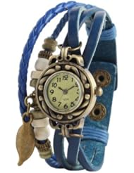 HACBIWA Quartz Fashion Lady Women Weave Wrap around Leatheroid Bracelet Sapphire Blue Wrist Watch