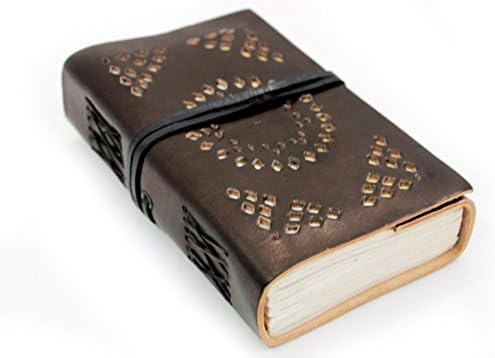 Lokalart Engraved Leather Writing Diary With Geometric Cut Work 5.5 X 3.5 Inches Regular Journal Hand Sewn (Tan Brown)
