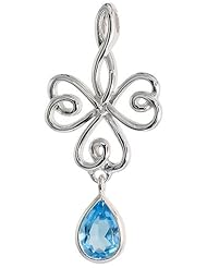 Sterling Silver Celtic Shamrock Tear Drop Pendant w/ Natural Blue Topaz, 1 1/2 inch (40 mm) tall