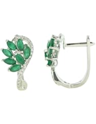 14K White Gold 1.32ct Multiple Leaves Diamond & Marquise Emerald Huggie Earrings