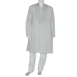 Dad Gift White Cotton Embroidered Kurta Pajama Size L Chest :42 inches