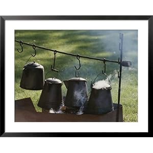 Four Metal Coffee Pots Steaming over an Outdoor Grill National Geographic Collection Framed Art Poster Print by Michael S. Lewis, 39x31