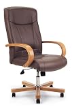 Eliza Tinsley High Back Executive Armchair in Brown Leather with Warm Oak Effect Arms and Base and a Chrome Stem
