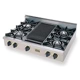 Sale Season FiveStar: TTN0367S 36'' Pro-Style Gas Cooktop with 4 Open Burners, Vari-Flame Simmer on Front Burners and Double Sided Grill/Griddle: Stainless Steel with Brass Package