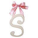 New Arrivals Wooden Letter S with Pink Polka Dot Ribbon, Cream