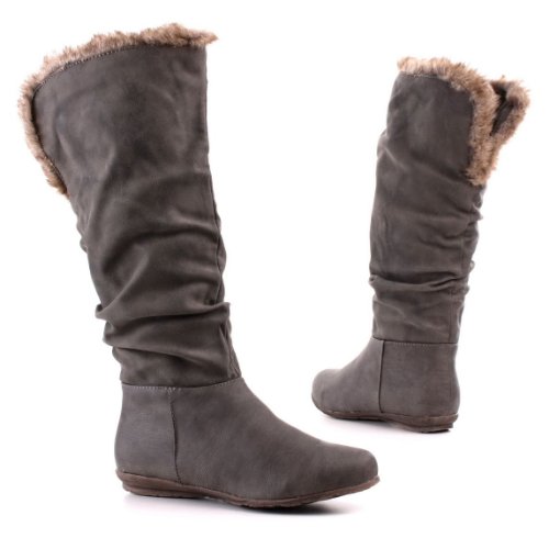 Damen Schuhe, STIEFEL, BOOTS MIT KUNST FELL, KA-112, Synthetik in hochwertiger Leder Optik, Grau, Gr 38