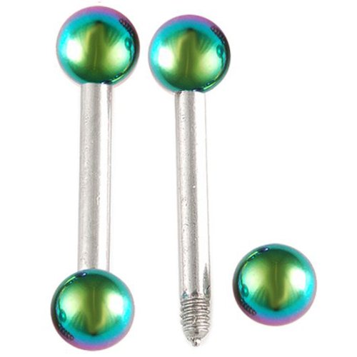 unique eyebrow rings barbell earrings for ear lobe rainbow 16g 16 gauge 1.2mm, 5/16" inches 8mm long - 316L Surgical Stainless Steel tongue bars tounge nipple straight with 3mm ball anodized - Pierced Body Piercing Jewelry Jewellery - Set of 2 ALSF