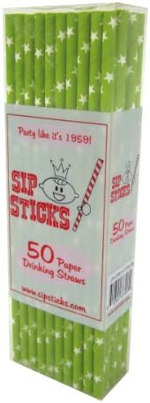 SipSticks Paper Drinking Straws Biodegradable 50 Pack-Lime Green With White Stars