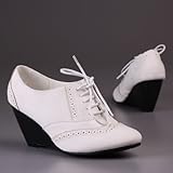 Damen Schuhe, STIEFELETTEN, KEIL WEDGES BOOTS MIT SCHNÜRUNG, AY-04, Synthetik in hochwertiger Leder Optik, Weiß, Gr 37