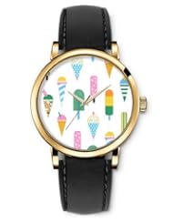 SPRAWL Aanalog Fashion Series Gold Ladies Watches of Genuine Black Leather Strap,Unique Wrist Watch for Women Girls Designed with Shoulders and ice cream colors