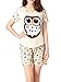 VENTELAN Women's Cute Owl Printed Sleepwear Pajama Sets Comfy Summer Shorts Beige Large(USA Size:12-14)