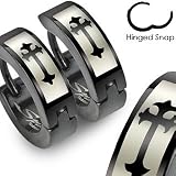 316L Stainless Steel Black Hinged Hoop Earring with Gothic Medieval Cross Print