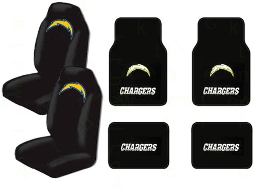 A Set of 4 Universal Fit NFL Plush Carpet Floor Mats and A Set of 2 Universal Fit Seat Covers - San Diego Chargers