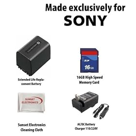 Li-Ion Extended Life Replacement Battery Pack for Sony NP-FV70 3600mAh! For Sony Digital Camcorder DCR-SR68 SR88 SX44 SX63 SX83 CX110 CX150 CX170 CX300 CX370 CX350 CX550 HC9 XR150 XR350 XR550 MC50 + 110/220V 1 Hour Home & Car Charger + 16GB High Speed Error Free Memory Card + SSE Cleaning Cloth