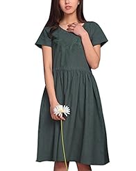 Short Sleeves Knee Length Cotton/Linen   Dress With Ruffles