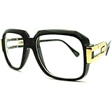 New Run DMC Style Oversized Rectangular Hip Hop Nerdy Clear Lens Glasses with Metal Horn Rim - Black and Gold