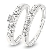 1/10 Carat T.W. Round Cut Diamond Engagement Ring and Women's Wedding Band Set 10K White Gold - Two Rings: Ladies Engagement Ring and Ladies Wedding Band - Free Gift Box -